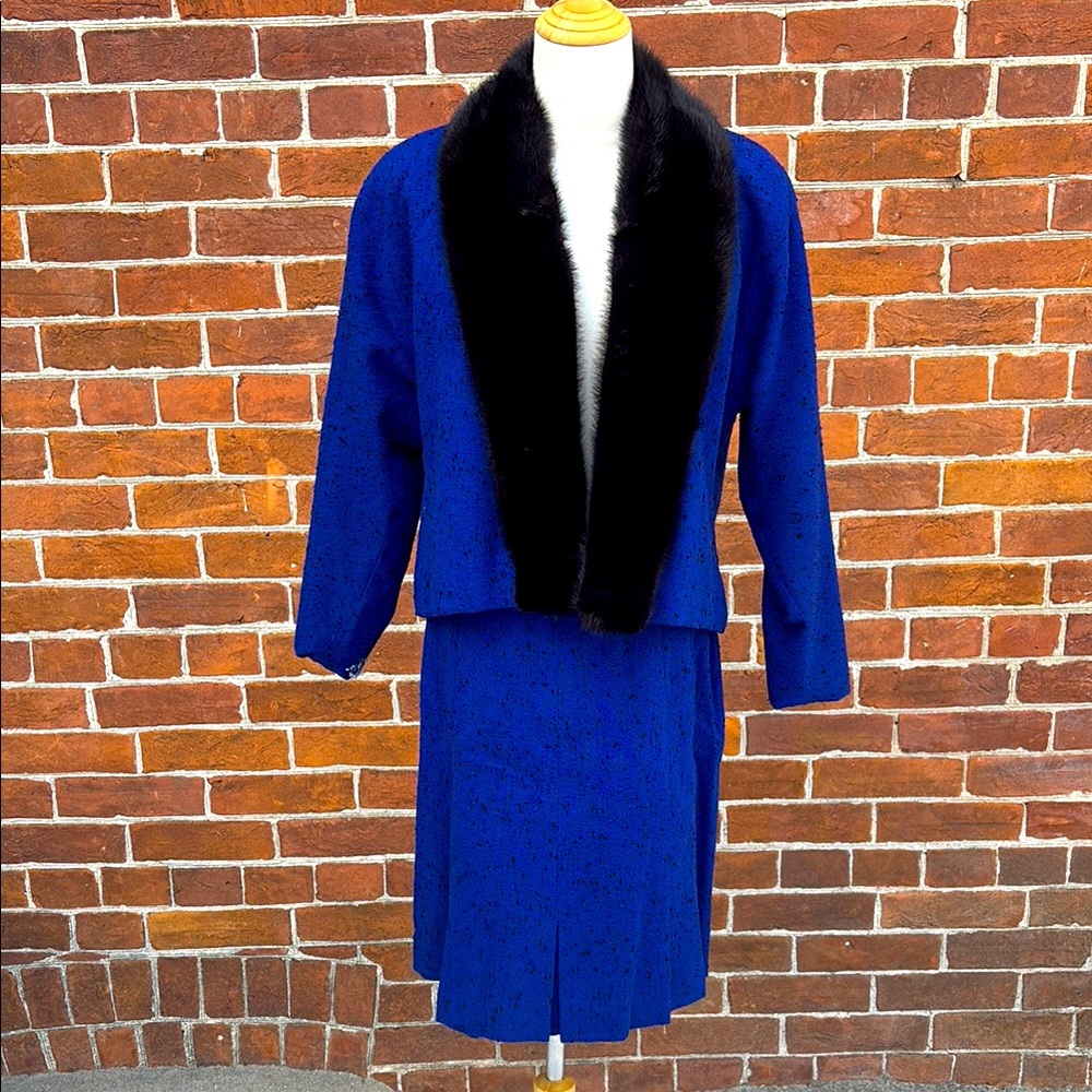 1960s Holt Renfrew Cobalt Blue Skirt & Jacket Set - Fur Trim Women Medium